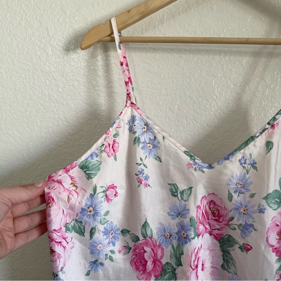 Vintage Dentelle Satin Floral Slip Dress Dainty Pink Peonies Daisies 90s 80s L - Picture 3 of 8